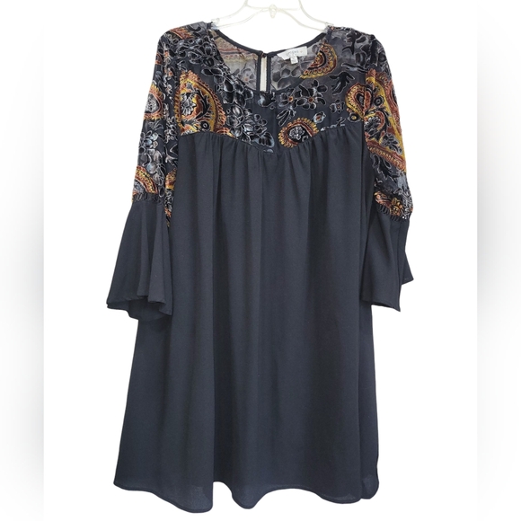 XL UMGEE Cotton Blend Black & Colorful Sheer Velour Bell Sleeve Midi Dress - Picture 5 of 8